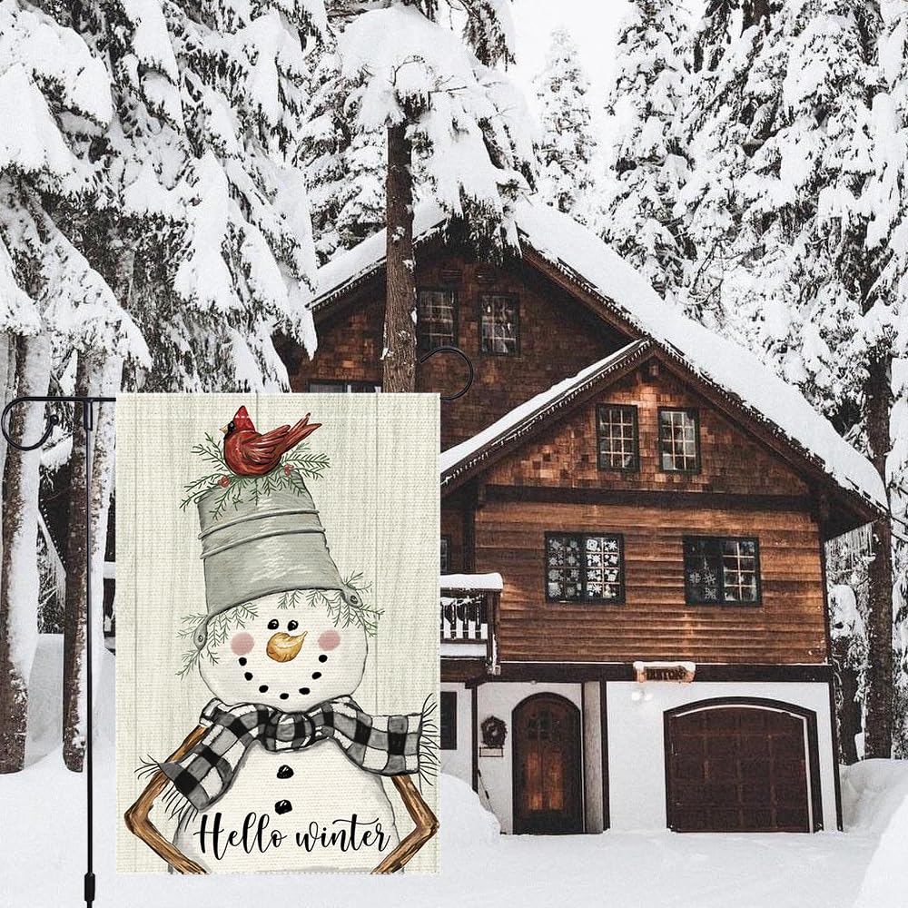 Snowman Cardinal Hello Winter Garden Flag 12x18 Inch 1-Sided, Winter Holiday Yard Outdoor Flag