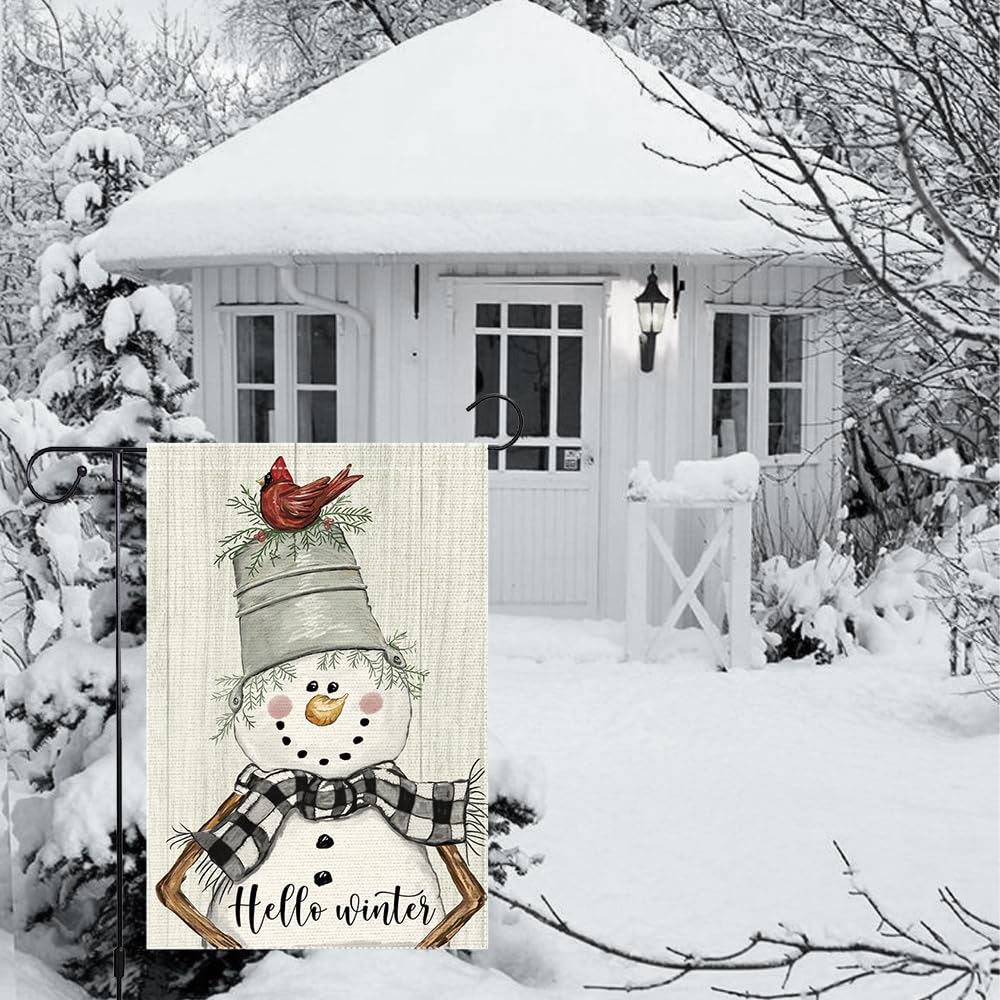 Snowman Cardinal Hello Winter Garden Flag 12x18 Inch 1-Sided, Winter Holiday Yard Outdoor Flag