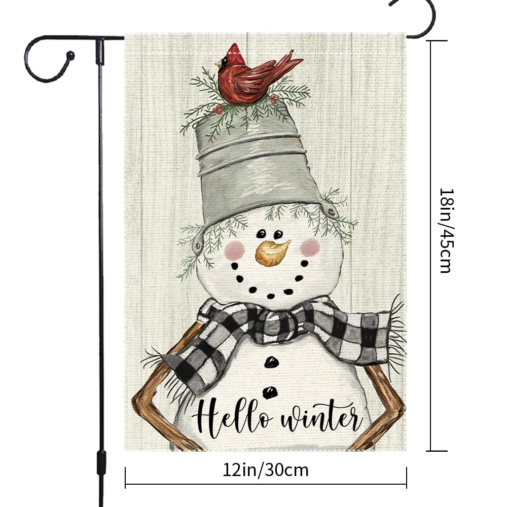 Snowman Cardinal Hello Winter Garden Flag 12x18 Inch 1-Sided, Winter Holiday Yard Outdoor Flag
