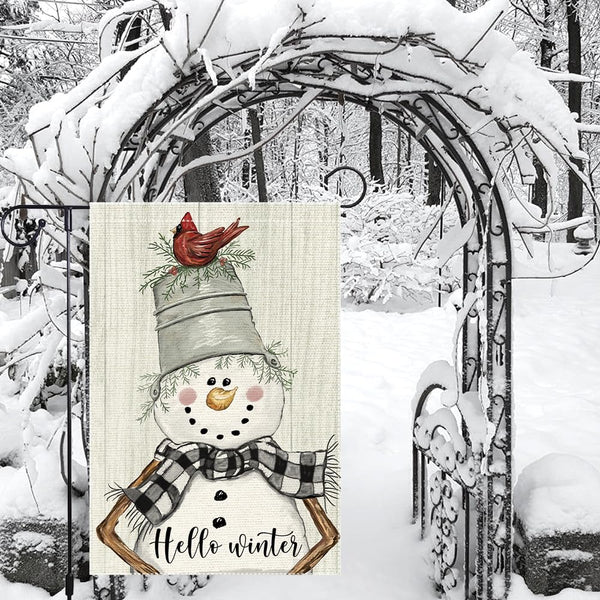 Snowman Cardinal Hello Winter Garden Flag 12x18 Inch 1-Sided, Winter Holiday Yard Outdoor Flag
