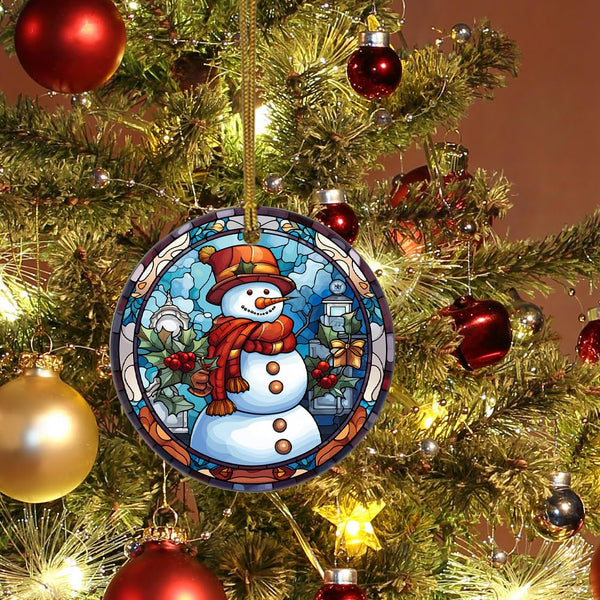 Snowman Ceramic Ornament in Stained Glass Patterns, Christmas Ceramic Hanging Ornament, Christmas Tree Ornament for Home Decors