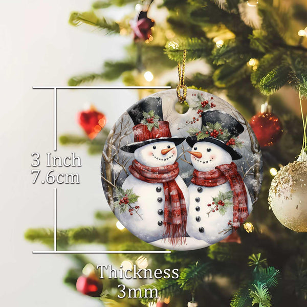 Snowman Couple Ornament Round Ceramic Ornaments Xmas Keepsake for Christmas Tree Winter Holiday Xmas Gift
