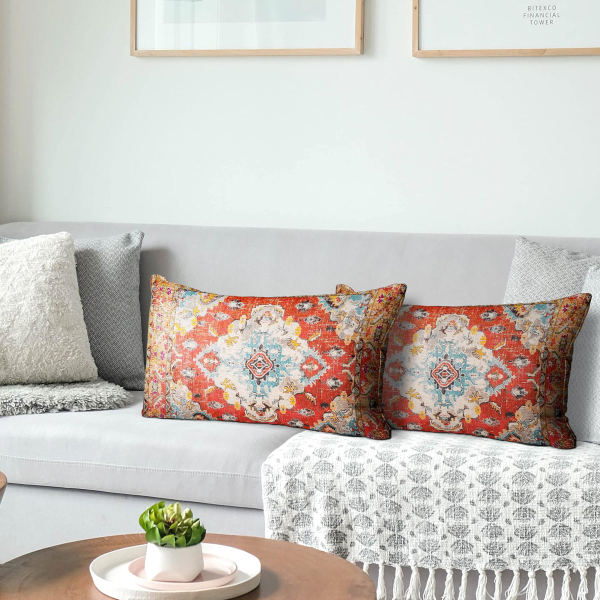 Boho Throw Pillow Covers 12x20 inch Set of 2 Boho Rug Carpet Signle Sided Pattern Velvet Soft