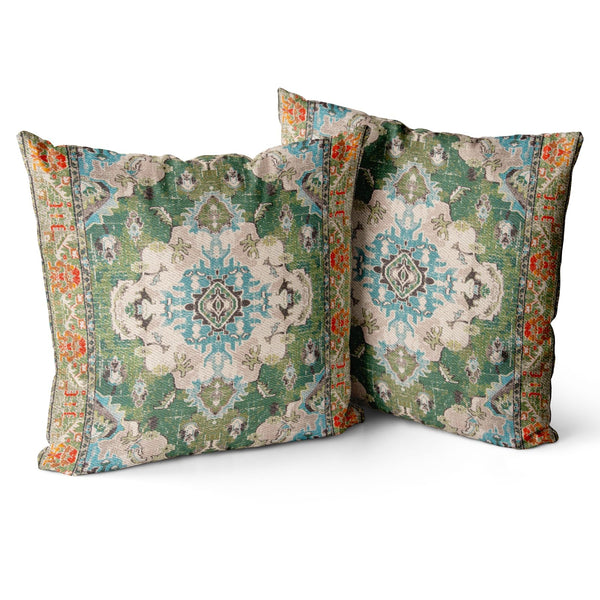 Boho Green Throw Pillow Covers 18x18 inch Set of 2 Boho Rug Carpet Single Sided Pattern