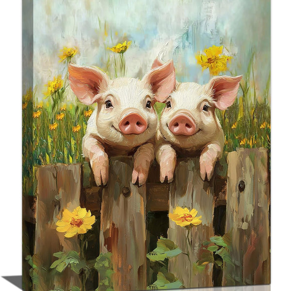 Farmhouse Pig Wall Art, Country Piggy Flower Pictures Wall Decor, Rustic Fence Animal Canvas Print Painting