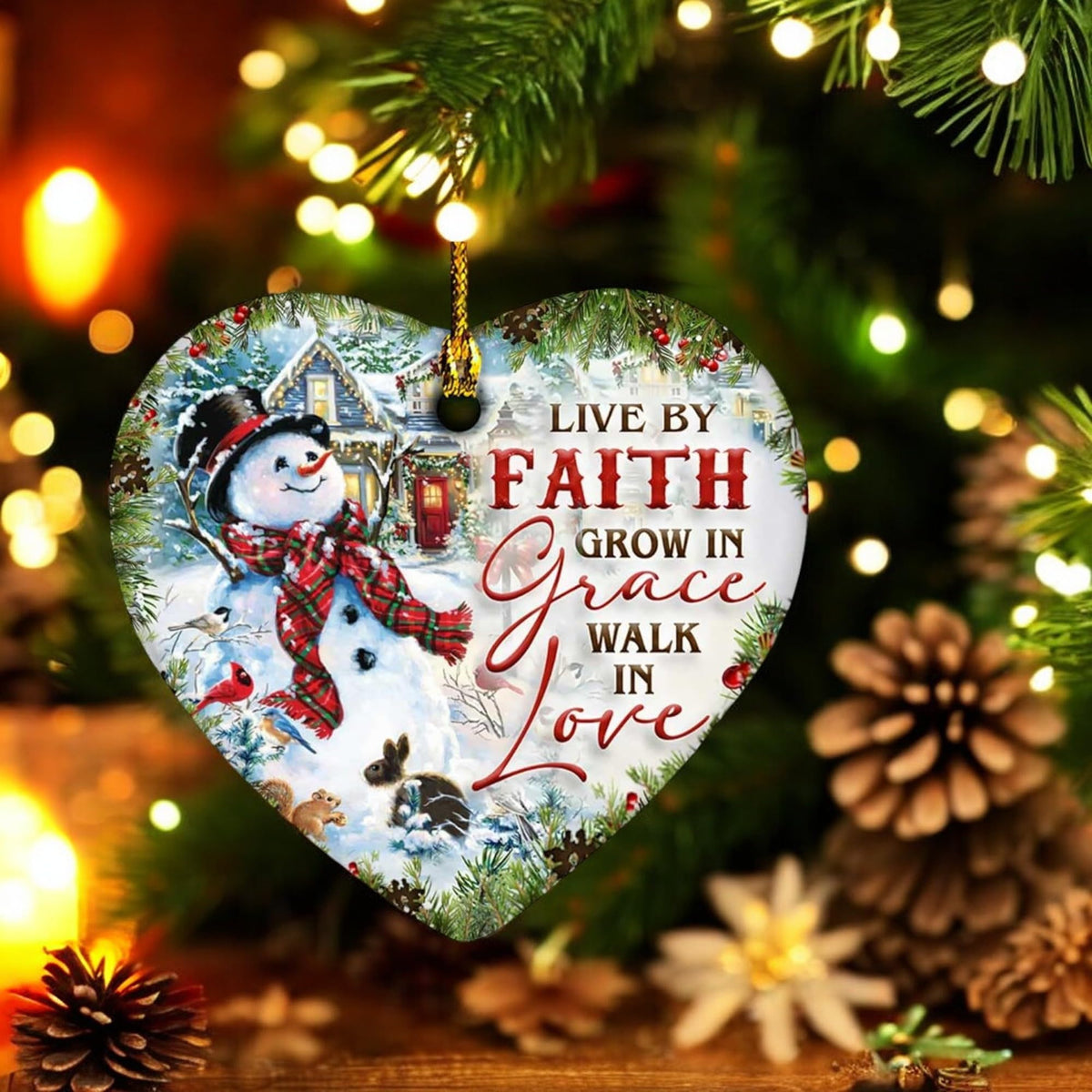 2025 Christmas Ornament - Inspirational Snowman Ceramic Ornament - Live by Faith, Grow in Grace, Walk in Love, Keepsake for Celebrations
