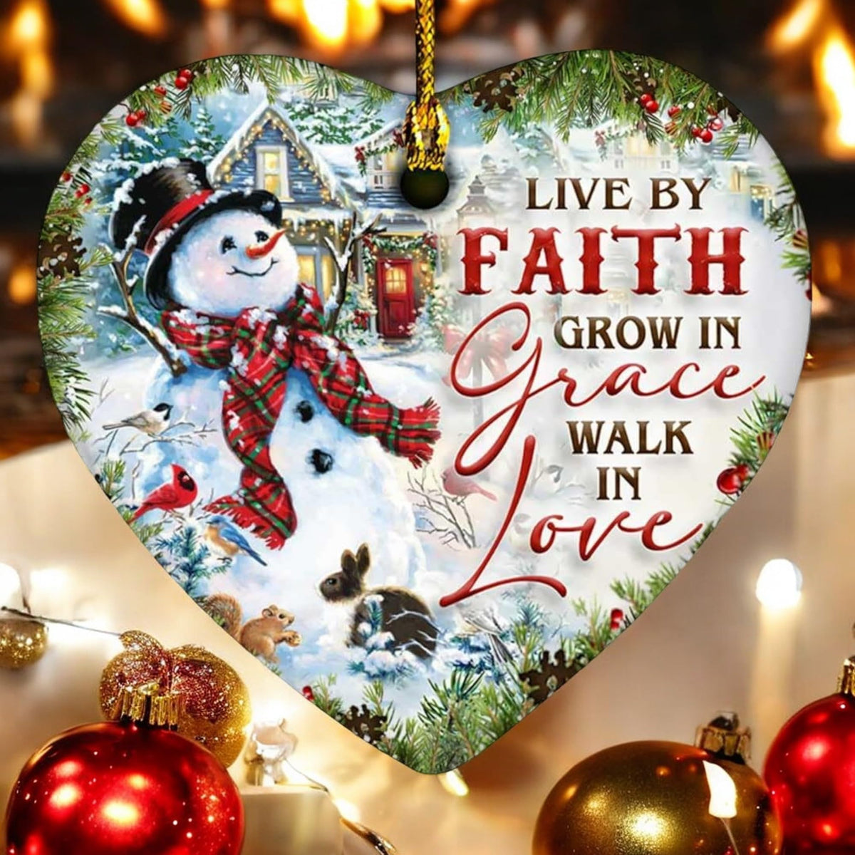 2025 Christmas Ornament - Inspirational Snowman Ceramic Ornament - Live by Faith, Grow in Grace, Walk in Love, Keepsake for Celebrations