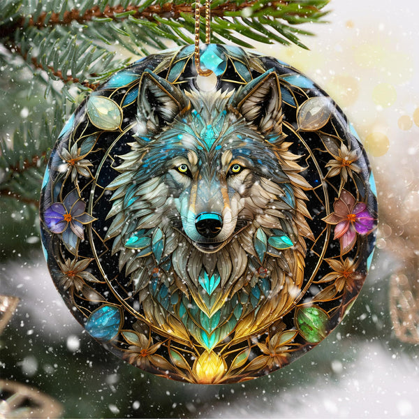 Stained Ceramic Wolf Ornament - Wolf Christmas Ornaments - Christmas Tree Ornaments
