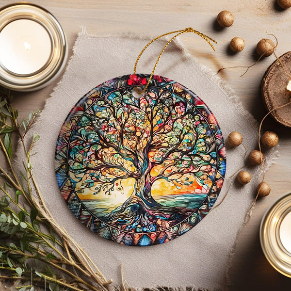 Stained Ceramic Tree of Life Ornament - Christmas Decorations for Office, Room, Home - Holiday Present Ideas