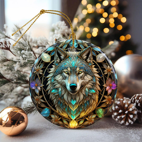 Stained Ceramic Wolf Ornament - Wolf Christmas Ornaments - Christmas Tree Ornaments - Christmas Decorations - Wolf Decor for Office, Room