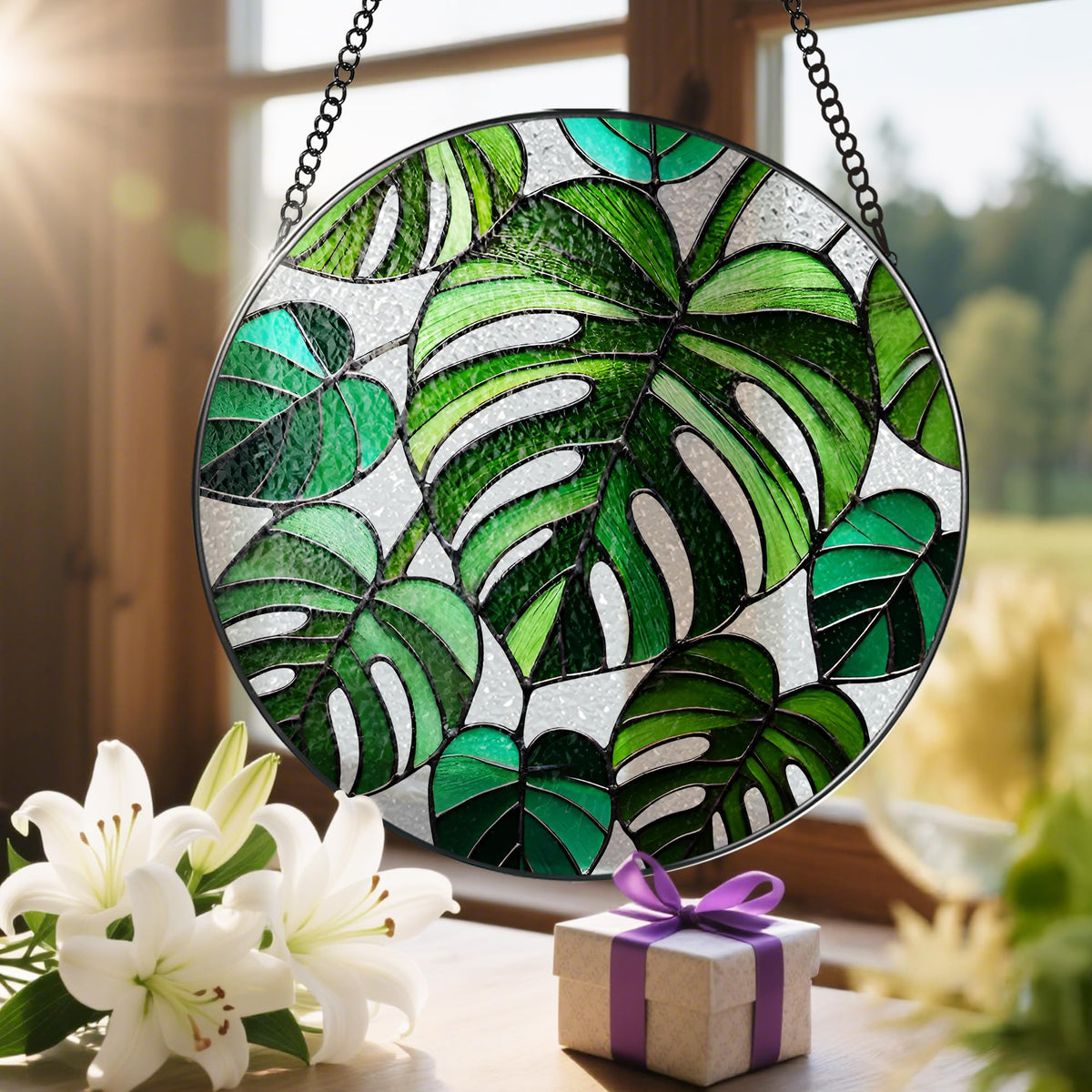 Stained Glass Window Hanging, 8 Inch Monstera Plant Stained Glass Suncatcher, Plant Sun Catcher, Plant Lover Decor