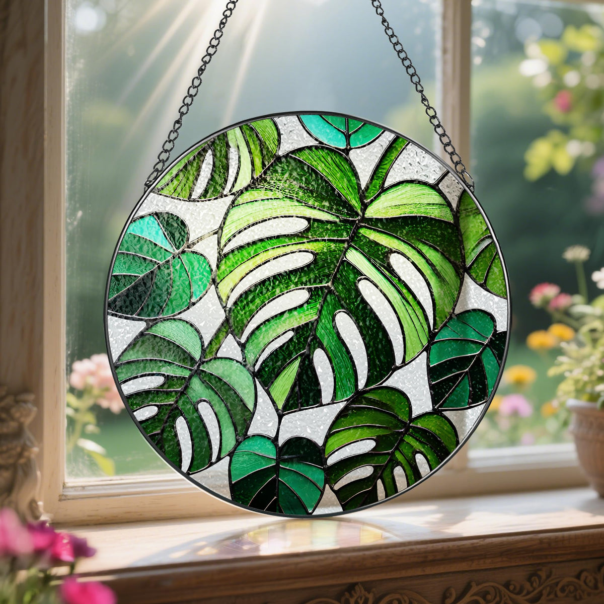 Stained Glass Window Hanging, 8 Inch Monstera Plant Stained Glass Suncatcher, Plant Sun Catcher, Plant Lover Decor