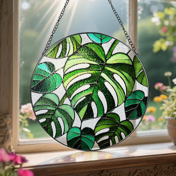 Stained Glass Window Hanging, 8 Inch Monstera Plant Stained Glass Suncatcher, Plant Sun Catcher, Plant Lover Decor