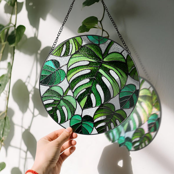 Stained Glass Window Hanging, 8 Inch Monstera Plant Stained Glass Suncatcher, Plant Sun Catcher, Plant Lover Decor