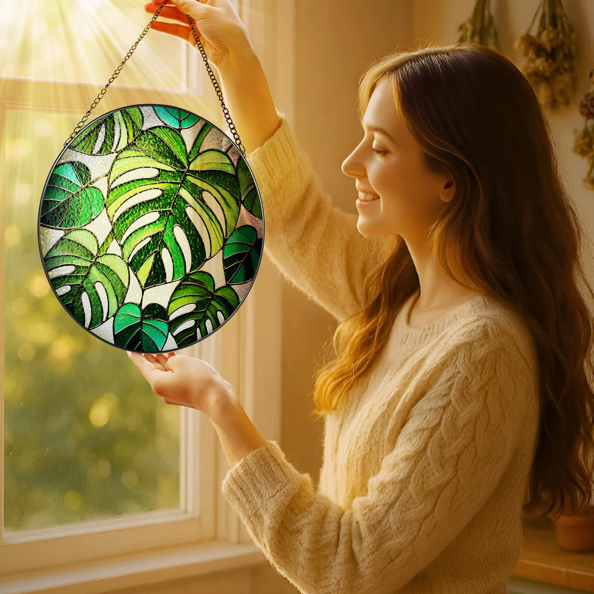 Stained Glass Window Hanging, 8 Inch Monstera Plant Stained Glass Suncatcher, Plant Sun Catcher, Plant Lover Decor