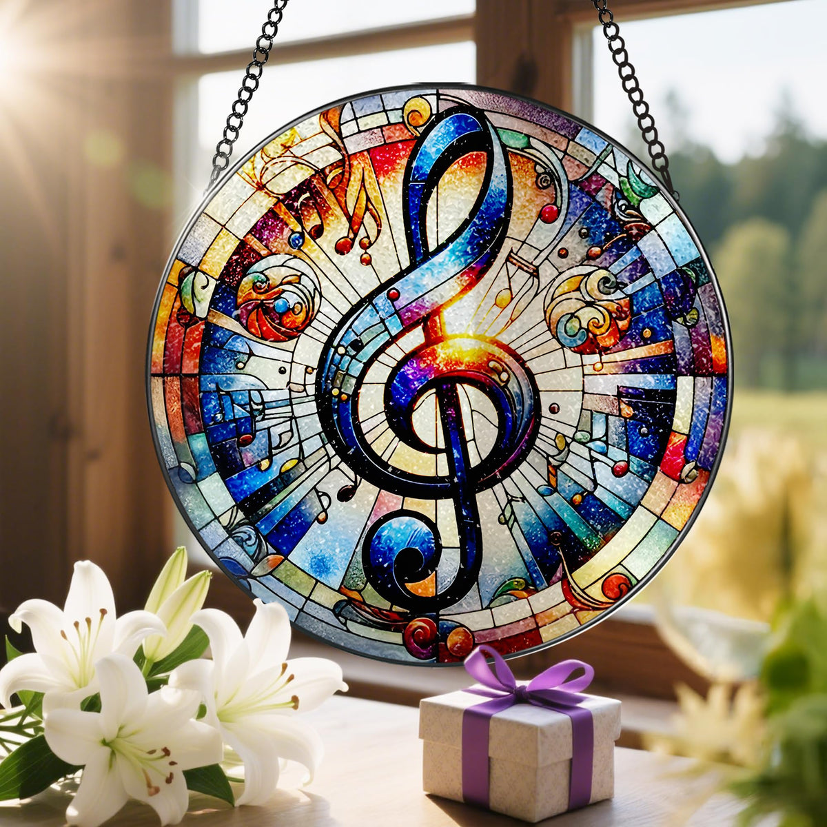 Stained Glass Window Hanging, 8'' Musical Note Suncatcher, Stained Glass Ornament, Suncatchers