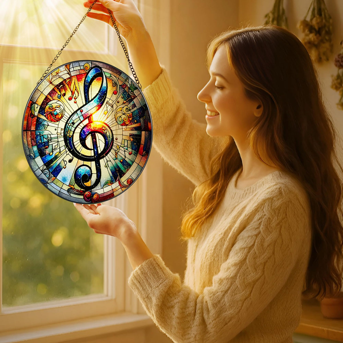 Stained Glass Window Hanging, 8'' Musical Note Suncatcher, Stained Glass Ornament, Suncatchers