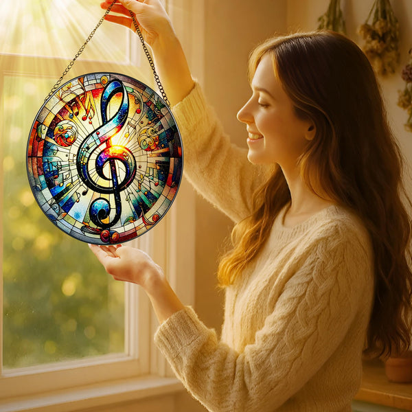 Stained Glass Window Hanging, 8'' Musical Note Suncatcher, Stained Glass Ornament, Suncatchers