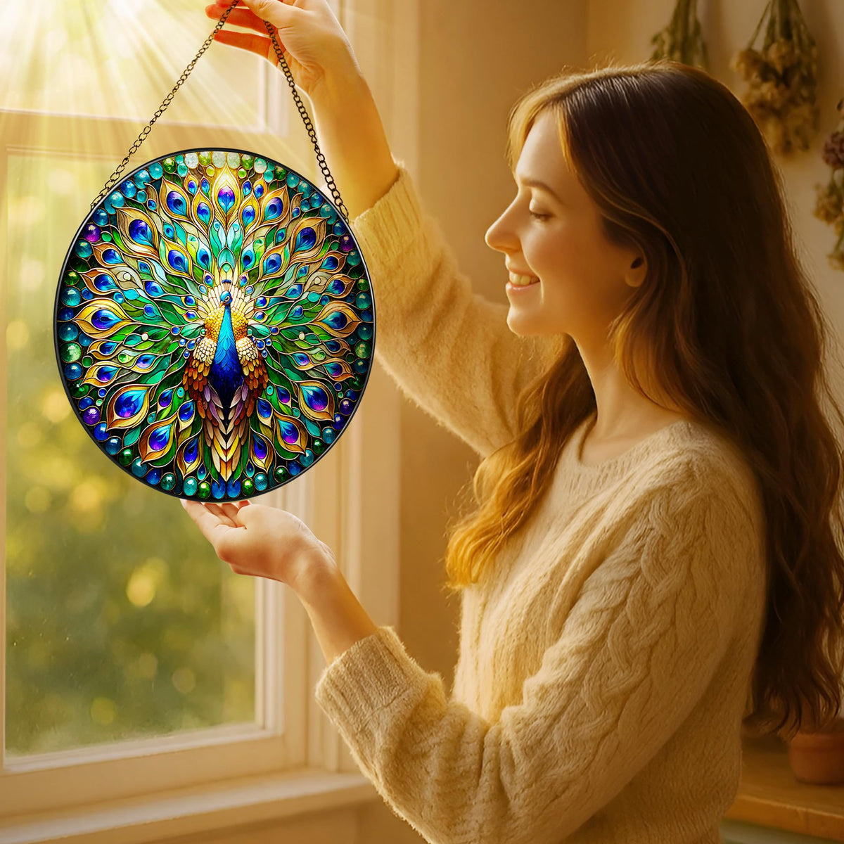 Stained Glass Window Hanging, 8'' Peacock Suncatcher, Stained Glass Ornament