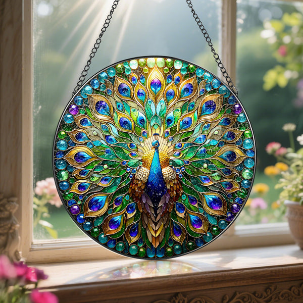 Stained Glass Window Hanging, 8'' Peacock Suncatcher, Stained Glass Ornament