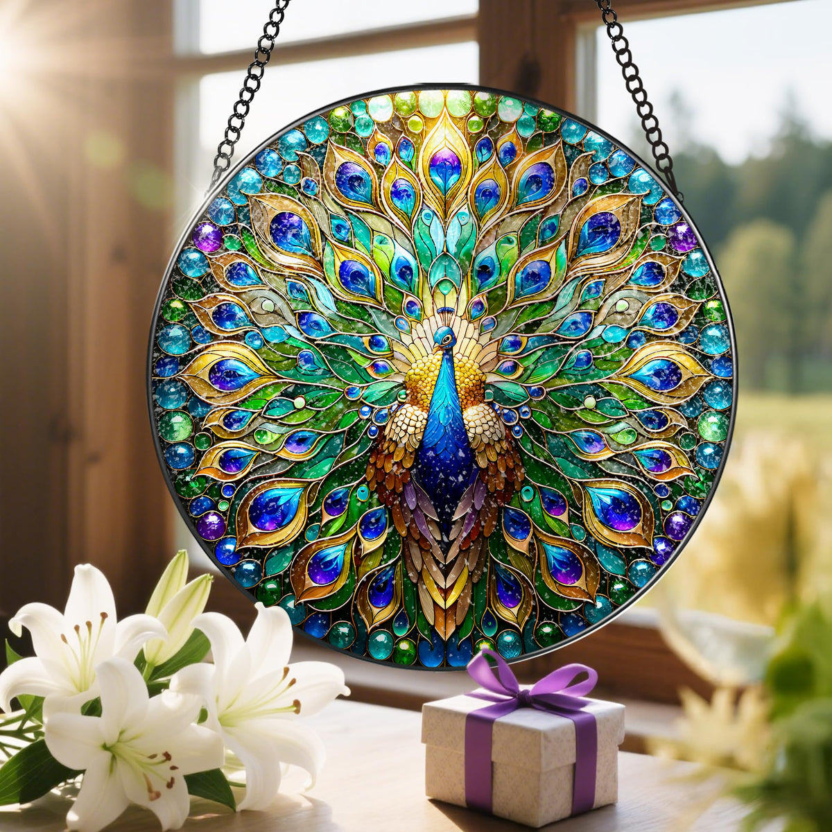 Stained Glass Window Hanging, 8'' Peacock Suncatcher, Stained Glass Ornament