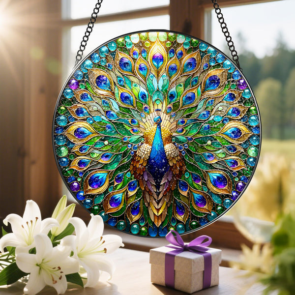 Stained Glass Window Hanging, 8'' Peacock Suncatcher, Stained Glass Ornament