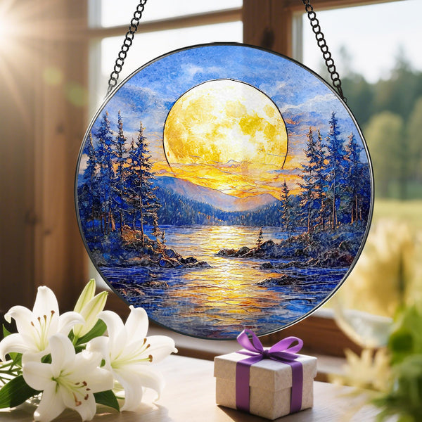 8'' Full Moon Over Forest Lake Suncatcher Ornament, Stained Glass Window Hanging, Sun Catchers