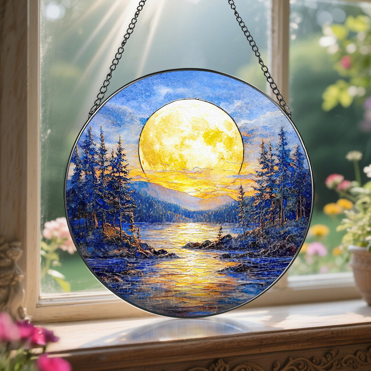 8'' Full Moon Over Forest Lake Suncatcher Ornament, Stained Glass Window Hanging, Sun Catchers