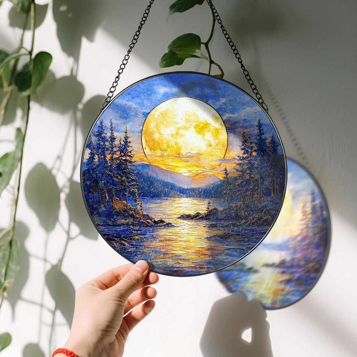 8'' Full Moon Over Forest Lake Suncatcher Ornament, Stained Glass Window Hanging, Sun Catchers