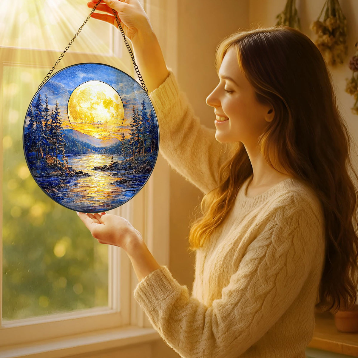 8'' Full Moon Over Forest Lake Suncatcher Ornament, Stained Glass Window Hanging, Sun Catchers