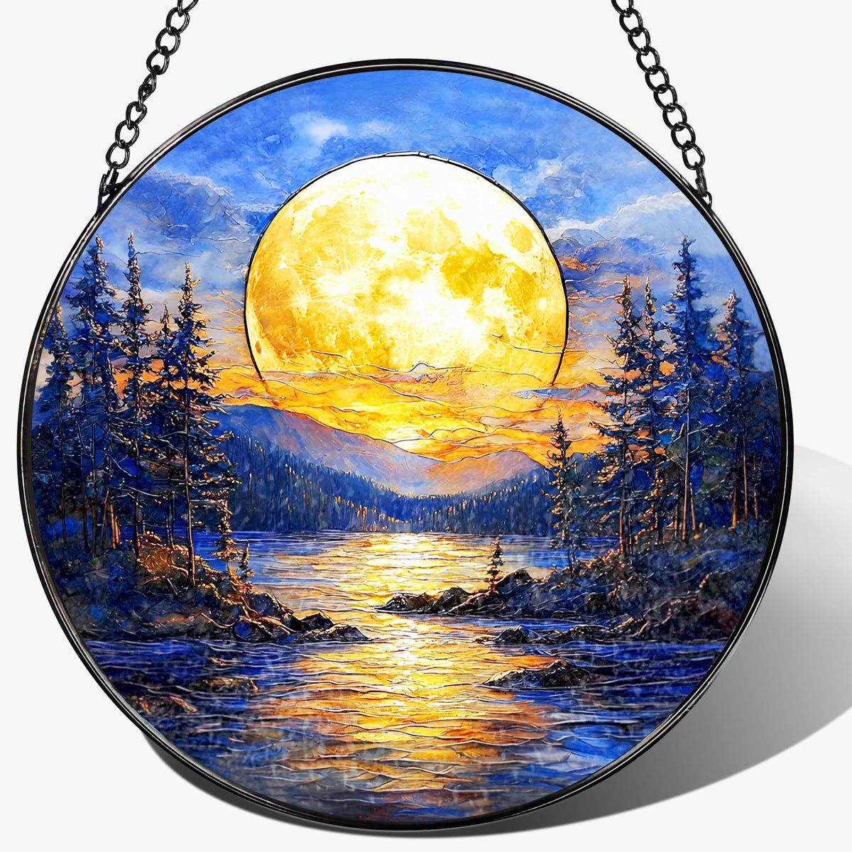 8'' Full Moon Over Forest Lake Suncatcher Ornament, Stained Glass Window Hanging, Sun Catchers
