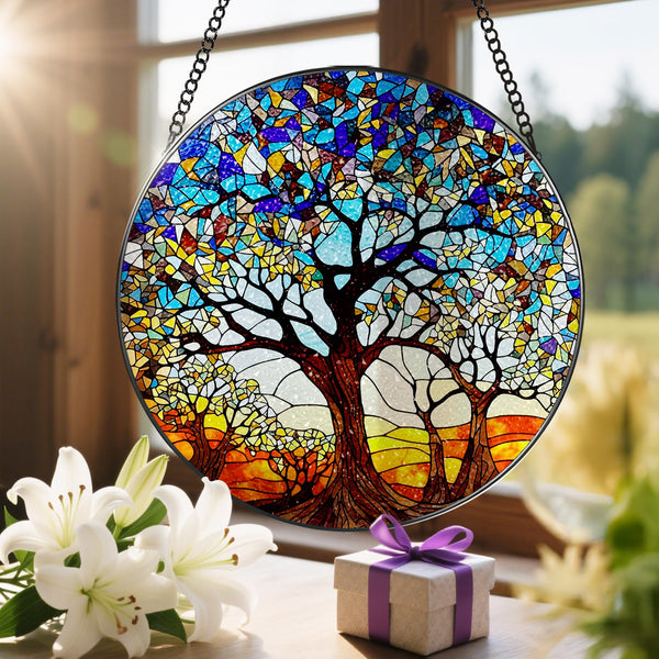 Stained Glass Window Hanging, 8'' Tree of Life Suncatcher, Stained Glass Ornament, Suncatchers Wall Art
