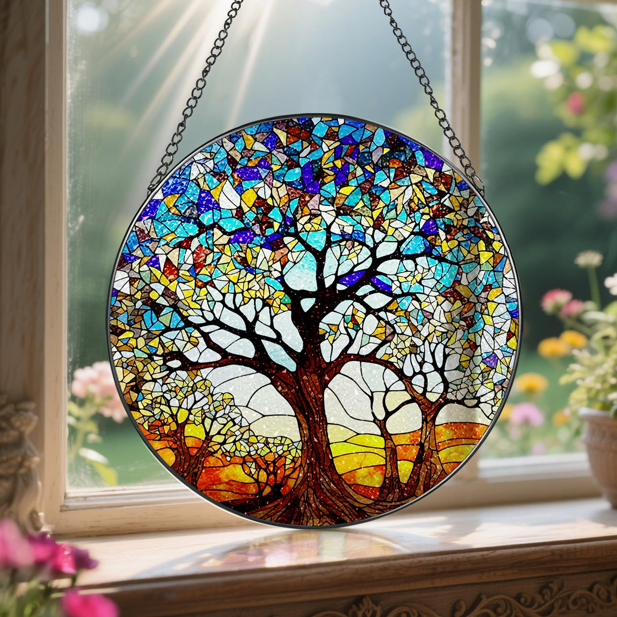 Stained Glass Window Hanging, 8'' Tree of Life Suncatcher, Stained Glass Ornament, Suncatchers Wall Art
