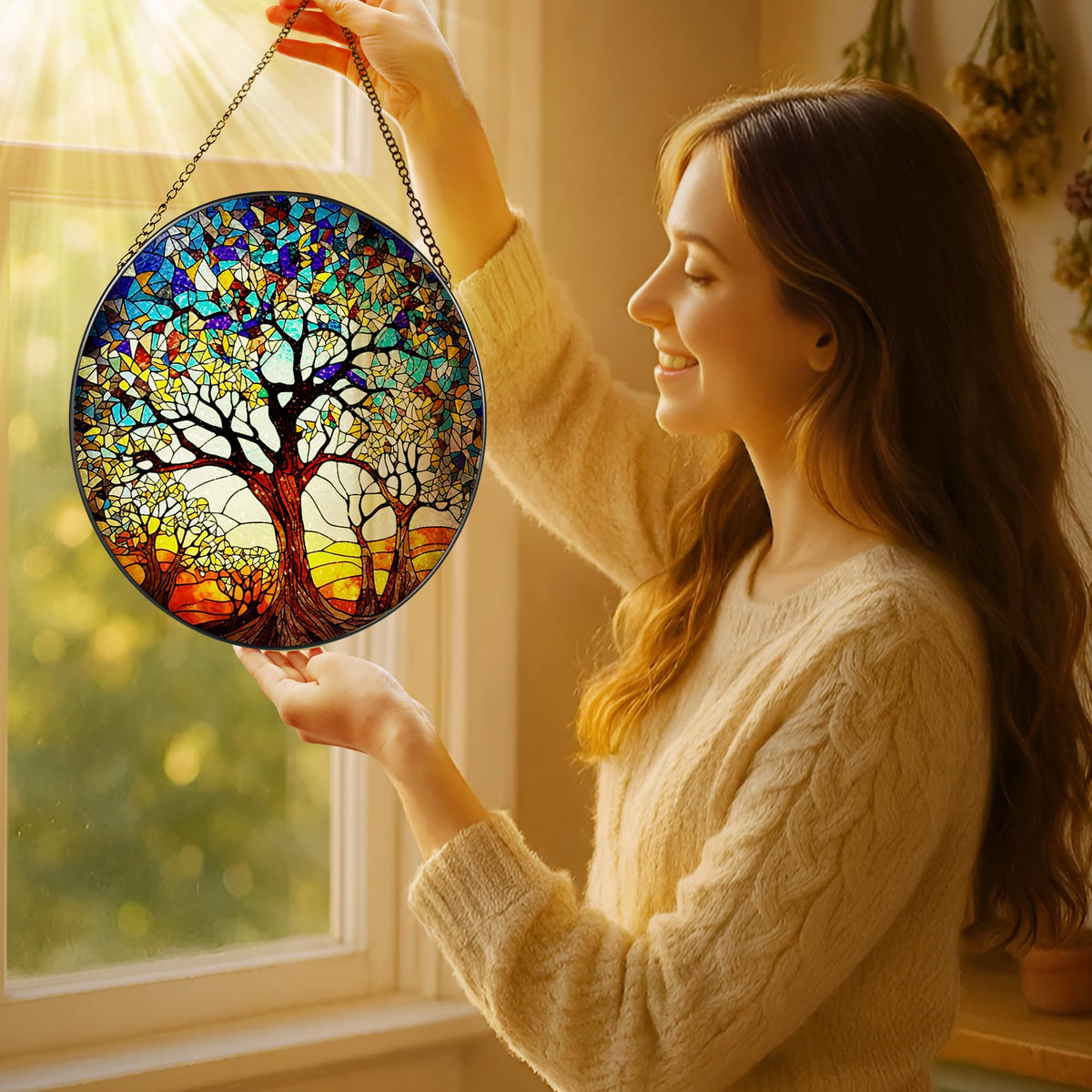 Stained Glass Window Hanging, 8'' Tree of Life Suncatcher, Stained Glass Ornament, Suncatchers Wall Art