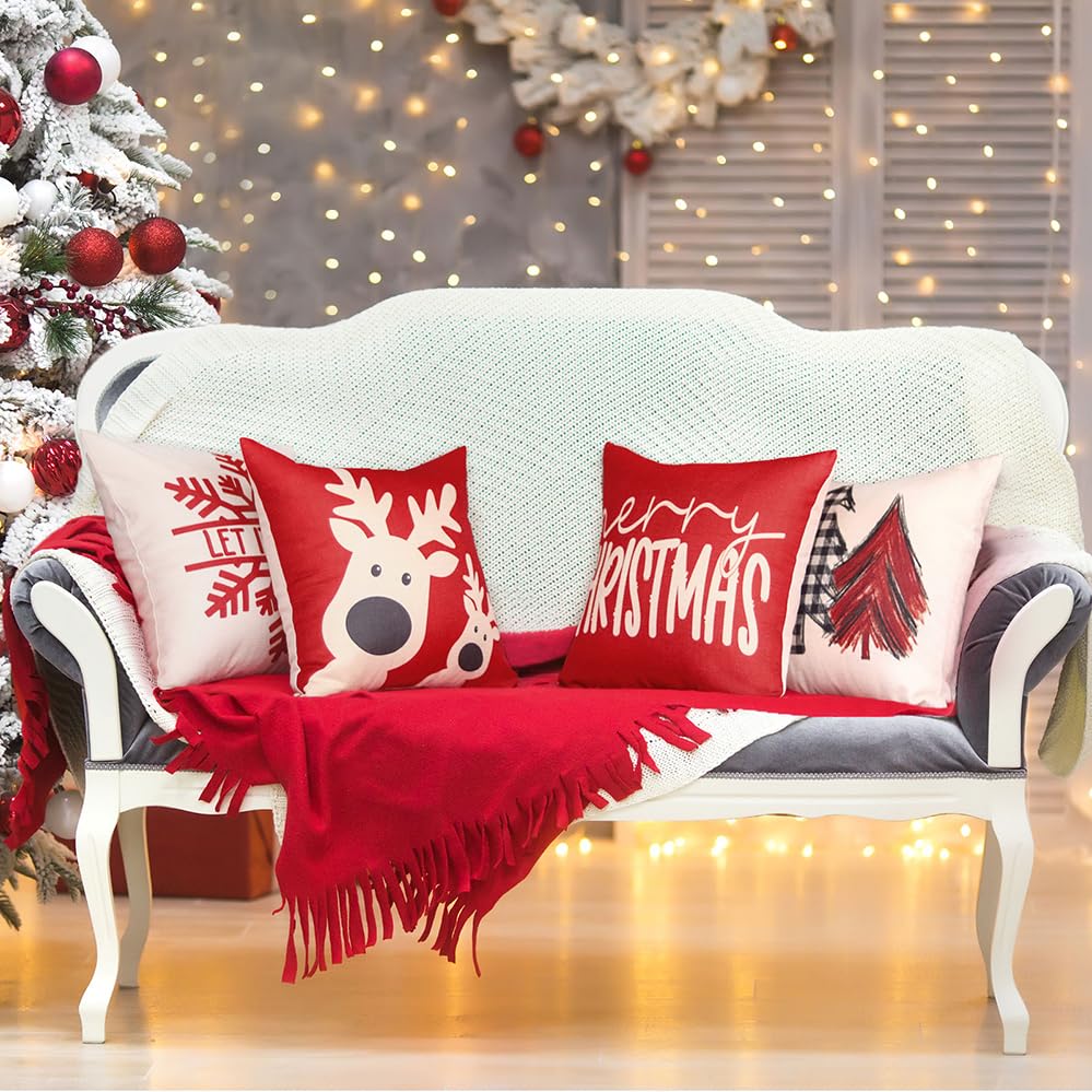 Christmas Pillow Covers 18x18 Set Of 4, Christmas Farmhouse Decoration Holiday Winter Throw Pillow Covers