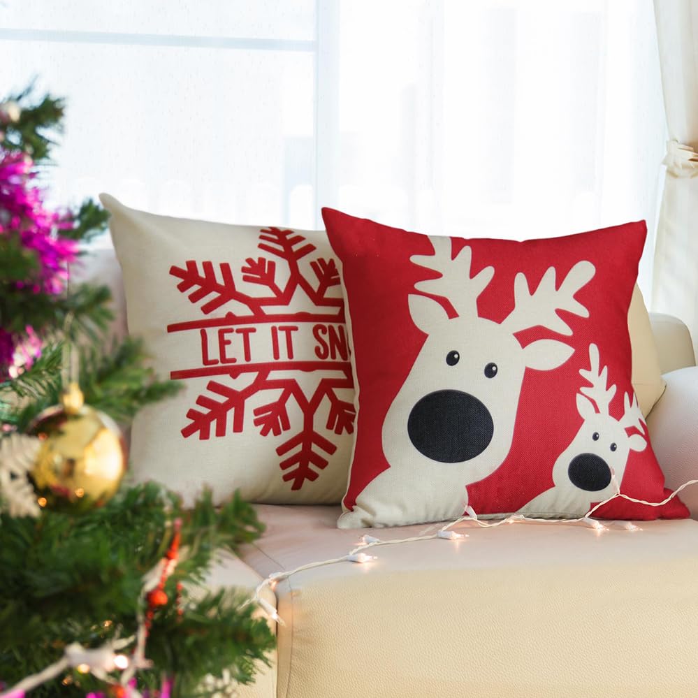 Christmas Pillow Covers 18x18 Set Of 4, Christmas Farmhouse Decoration Holiday Winter Throw Pillow Covers, Red Snowflake