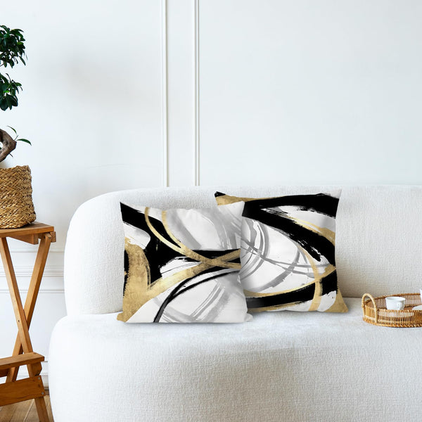 Black White and Gold Pillow Covers, Abstract Black and Gold Pillow Covers 18x18 Set of 2