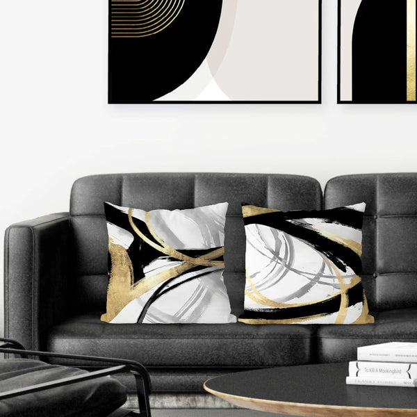 Black White Gold Pillow Covers, Abstract White Black and Gold Pillow Covers 18x18 Set of 2
