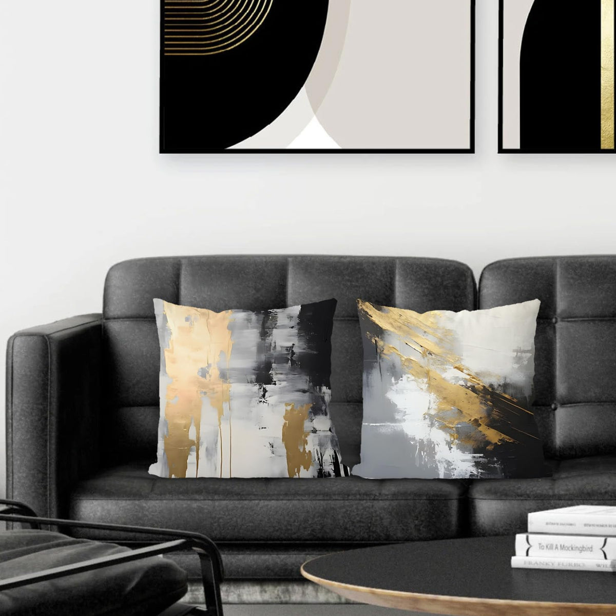 White Black and Gold Pillow Covers 18x18 Set of 2
