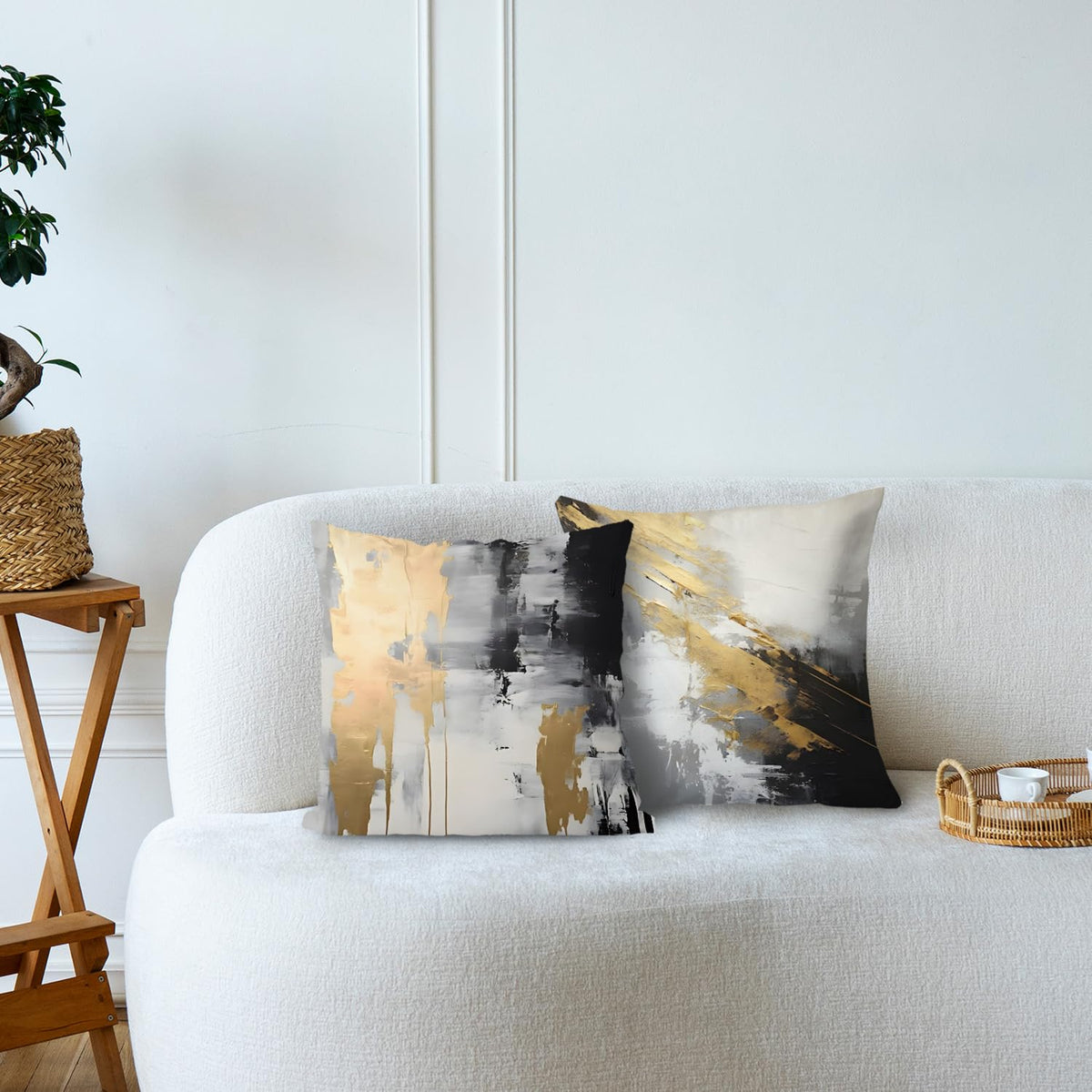 White Black and Gold Pillow Covers 18x18 Set of 2
