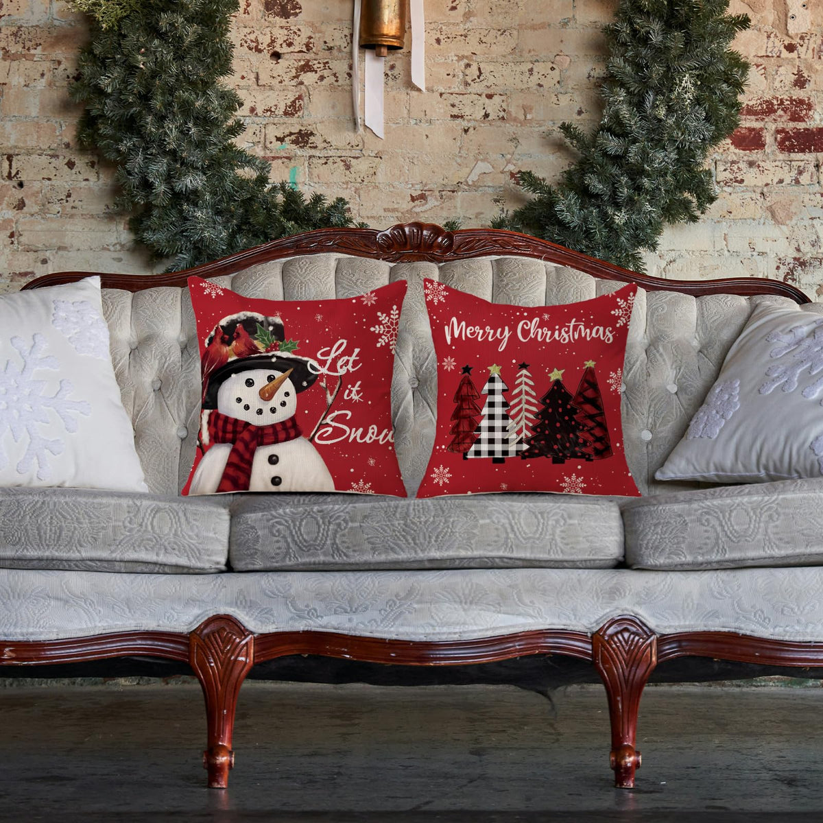 Christmas Pillow Covers 18x18 Set of 2 Let it Snow Snowman Christmas Trees Xmas Red