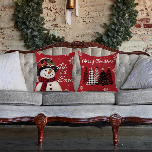 Christmas Pillow Covers 18x18 Set of 2 Let it Snow Snowman Christmas Trees Xmas Red