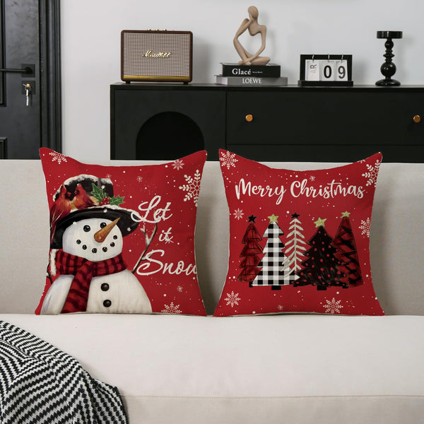 Christmas Pillow Covers 18x18 Set of 2 Let it Snow Snowman Christmas Trees Xmas Red