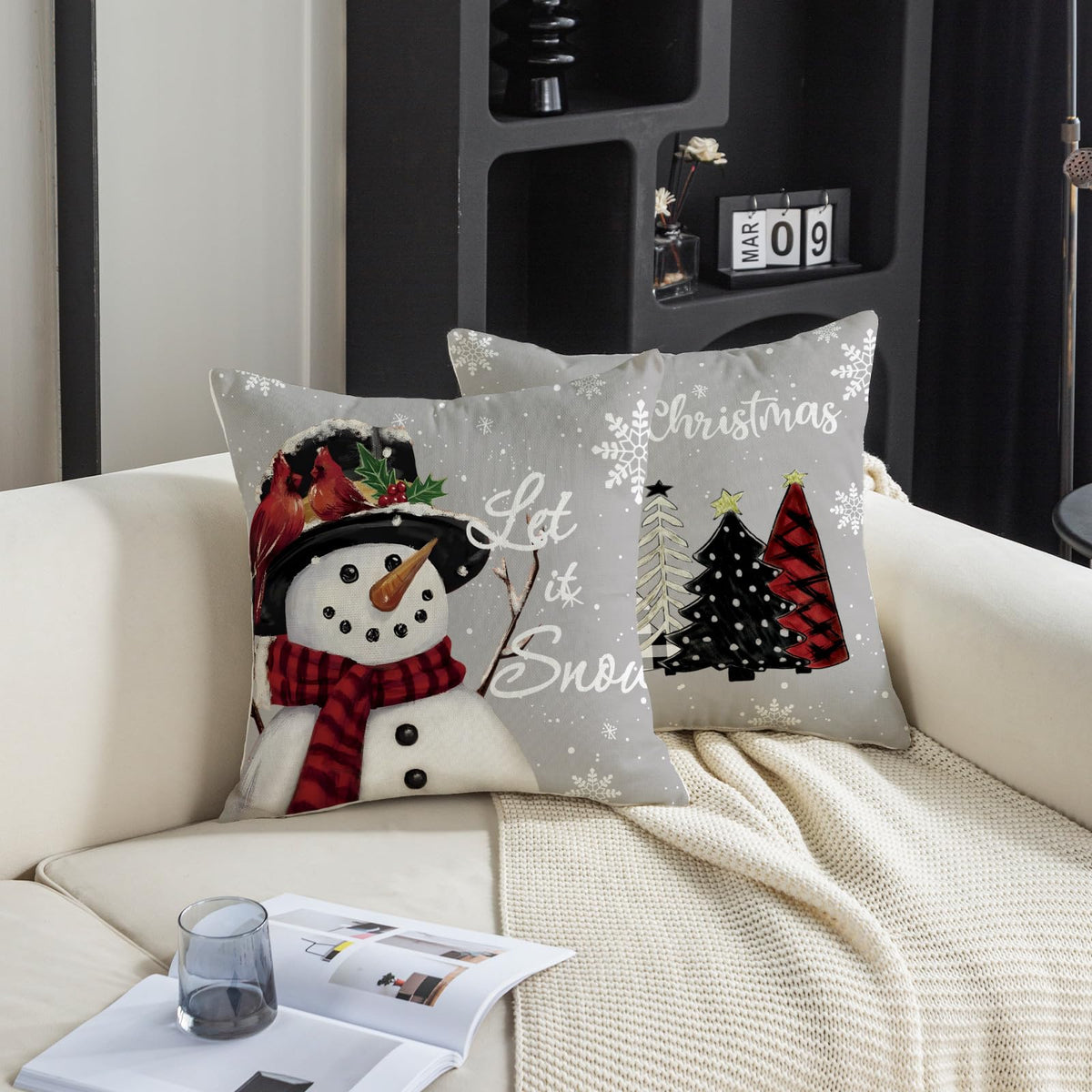 Christmas Pillow Covers 18x18 Set of 2 Let it Snow Snowman Christmas Trees Xmas Grey