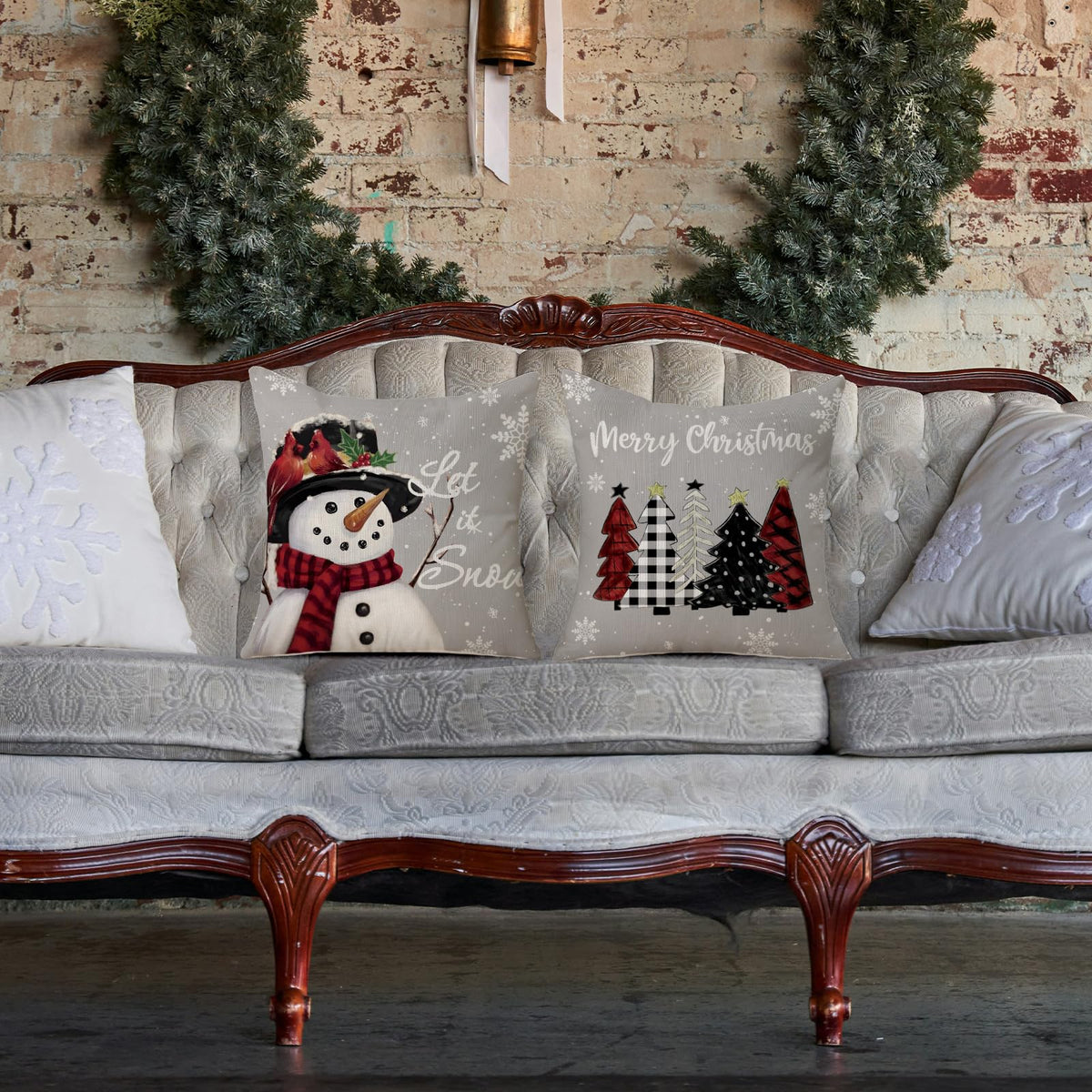 Christmas Pillow Covers 18x18 Set of 2 Let it Snow Snowman Christmas Trees Xmas Grey