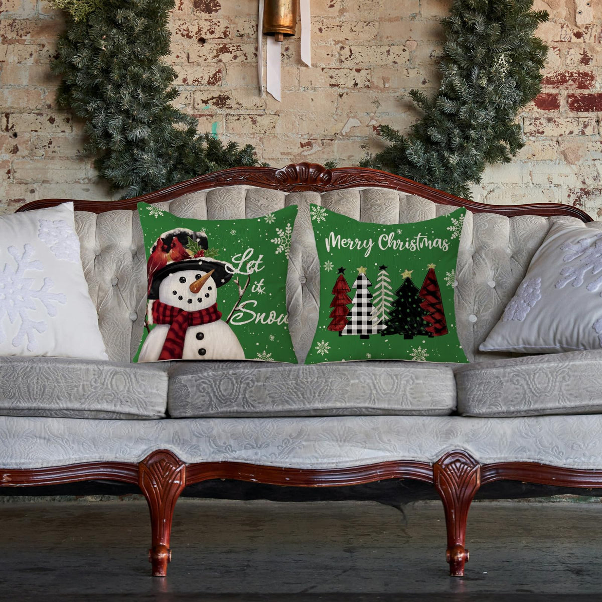 Christmas Pillow Covers 18x18 Set of 2 Let it Snow Snowman Christmas Trees Xmas Green