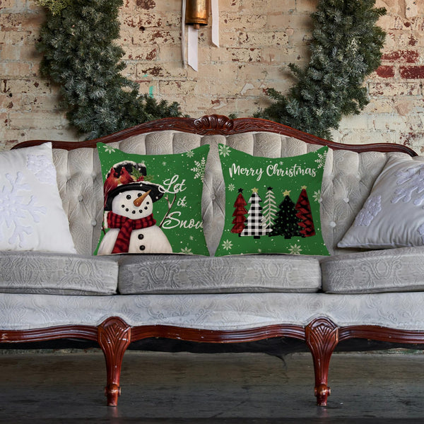 Christmas Pillow Covers 18x18 Set of 2 Let it Snow Snowman Christmas Trees Xmas Green