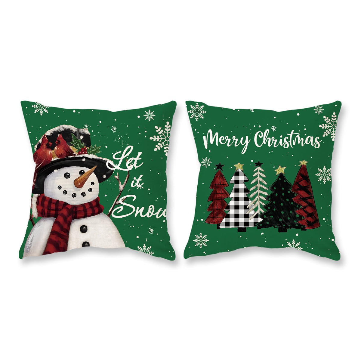 Christmas Pillow Covers 18x18 Set of 2 Let it Snow Snowman Christmas Trees Xmas Green