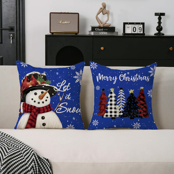 Christmas Pillow Covers 18x18 Set of 2 Let it Snow Snowman Christmas Trees Xmas Blue