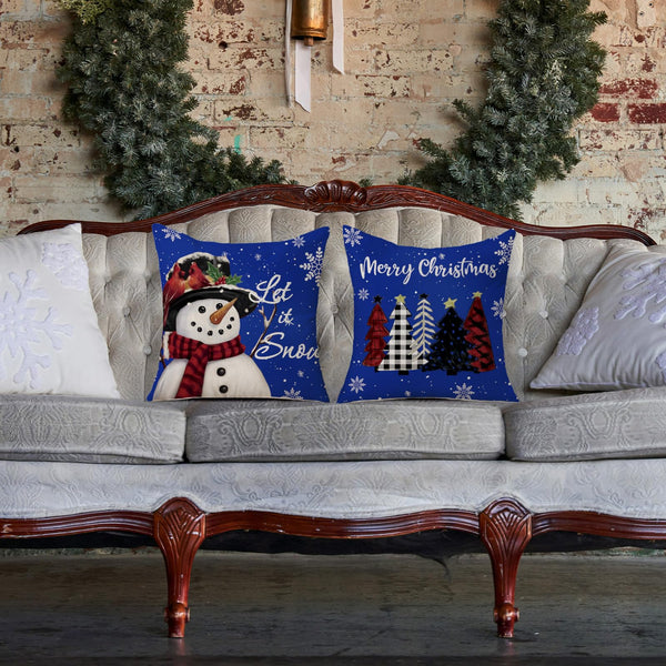Christmas Pillow Covers 18x18 Set of 2 Let it Snow Snowman Christmas Trees Xmas Blue